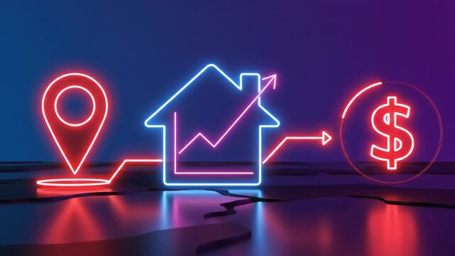 Neon house icon with upward graph arrow and dollar sign representing real estate investment