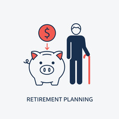 Vector illustration of retirement planning concept with piggy bank and senior man with cane
