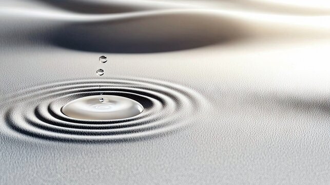 A close-up shot captures water drops falling into a liquid surface, creating concentric ripples and waves under soft, diffused light. - Powered by Adobe
