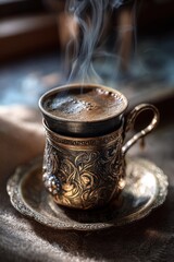 Steaming Turkish Coffee in Ornate Silver Cup, Warm Light, Close-Up, Atmospheric.
