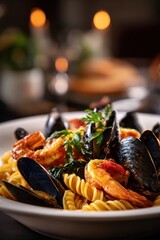 Gourmet Seafood Fusilli with Mussels and Shrimp in a Romantic Restaurant Setting.