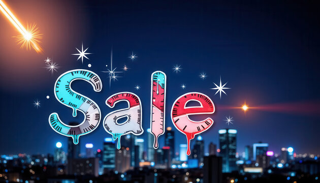 Colorful sale text illuminated against city skyline at night  