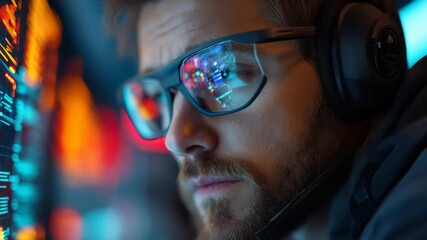 Focused individual engaging with futuristic technology in a high-tech control room during evening hours - Powered by Adobe