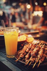 Sizzling Souvlaki Skewers and Fresh Juice Under Warm Night Market Lights.