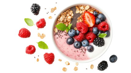 Healthy fruit and yogurt bowl with berries and granola.