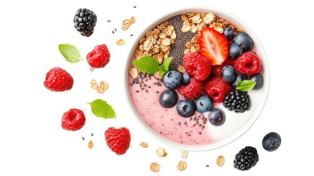 Healthy fruit and yogurt bowl with berries and granola.