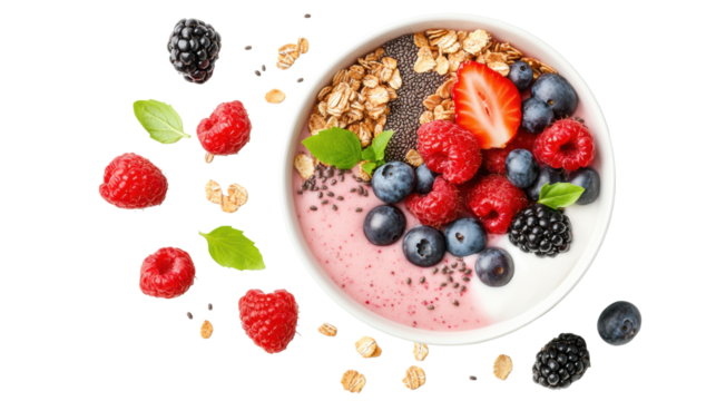 Healthy fruit and yogurt bowl with berries and granola.