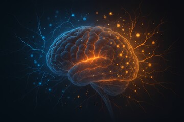 A glowing brain divided into blue and orange neural signals, symbolizing pain response, neural imbalance, sensory overload, and heightened brain activity in an abstract scientific style.