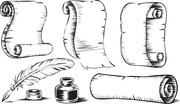 Collection of old scrolls, feather pen and inkwell isolated on