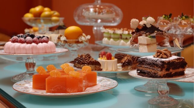 A vibrant buffet showcases a variety of delightful desserts, including cakes, mousses, and jellies, creating a sweet paradise for guests to indulge in. The warm atmosphere enhances the tasty display