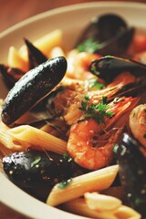 Savory Seafood Penne - A Close-Up of Mussels and Shrimp in a Hearty Italian Dish.