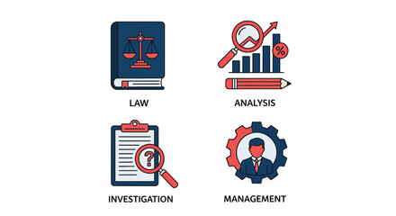Vector illustration of four business concept icons law, analysis, investigation, management