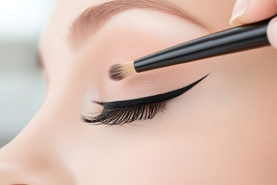 Close-up of a woman applying makeup with a brush, showcasing detailed eye makeup application, emphasizing beauty techniques and artistry in a bright, soft-focus environment