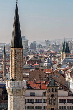 Aerial view of the iconic minarets piercing the skyline, a symphony of ancient architecture amid the modern urban sprawl, Sarajevo, Federation of Bosnia and Herzegovina, Bosnia and Herzegovina.