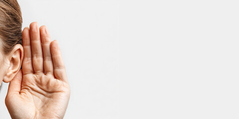 A close-up photo of a woman holding her hand to her ear, symbolizing listening, attention, or sound sensitivity. Image for banners, presentations, hearing awareness campaigns, noise pollution.