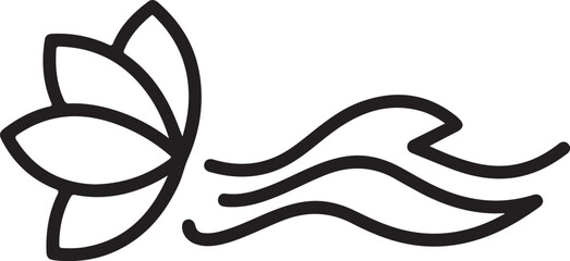 Minimalist black line art vector icon depicting a beautiful lotus flower and three flowing water waves symbolizing purity, organic wellness, and peaceful nature.
