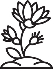 Monochromatic line drawing of blooming spring wildflower graphic illustration representing growth and blossoming flora in springtime