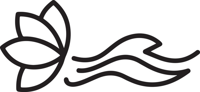 Minimalist black line art vector icon depicting a beautiful lotus flower and three flowing water waves symbolizing purity, organic wellness, and peaceful nature. - Powered by Adobe