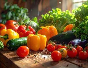 Sonnendurchflutete Küche mit abwechslungsreichem Gemüse und Kräutern.