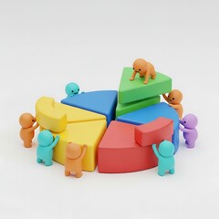 Obraz premium Toy figures working together on a pie chart segment concept