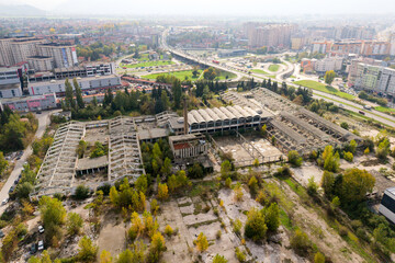 Aerial view of an abandoned industrial complex near the Otoka neighborhood, a stark reminder of forgotten industries, Sarajevo, Federation of Bosnia and Herzegovina, Bosnia and Herzegovina.
