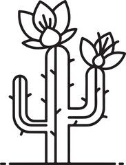 Outline drawing of blooming saguaro cactus vector graphic illustration representing desert flora and southwestern plant life in dry environments