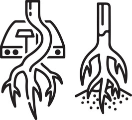 Set of two abstract root icons showing tree growth intertwined with human structure and separate root in ground line art