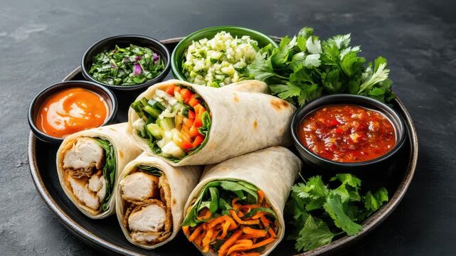 Grilled chicken vegetable wrap with sauce, cilantro and parsley fresh herb garnish