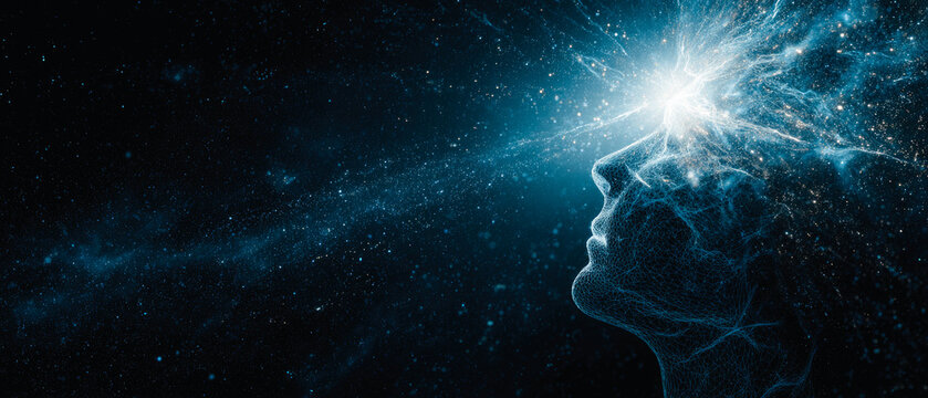 Abstract glowing face profile with cosmic energy and stars in a dark blue universe scene