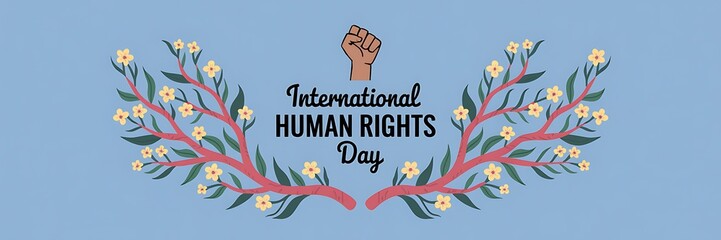 International human rights day illustration with raised fist and floral branches symbolizing freedom, equality and global social justice