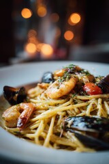 Seafood Spaghetti Delight - Close-Up of Shrimp, Mussels, and Pasta with Bokeh Background.