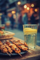 Grilled Chicken Skewers and Refreshing Drink on Wooden Table, Bokeh Background.