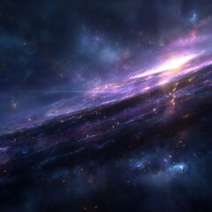 Expansive interstellar background featuring spiral galaxy formations, bright energy clouds and shimmering particles drifting across space.