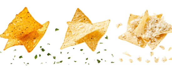Three different types of tortilla chips isolated on transparent background