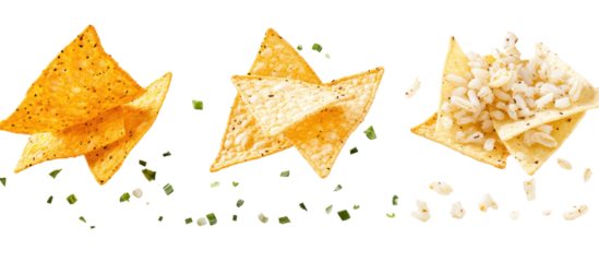 Three tortilla chips with toppings isolated on transparent background