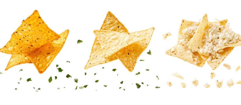 Three different types of tortilla chips isolated on transparent background