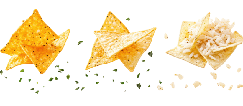 Three nacho chips stacked together isolated on transparent background