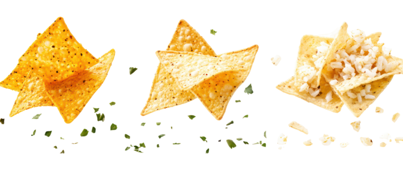 Three tortilla chips with seasoning isolated on transparent background