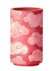 Coral cylindrical vase adorned with stylized white cloud pattern