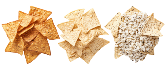 Three types of crunchy tortilla chips arranged on a transparent background isolated on transparent background