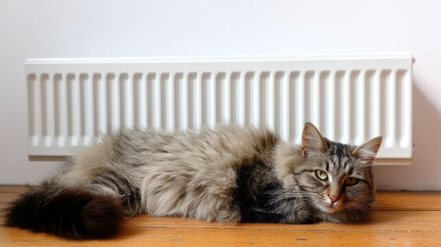 A fluffy cat lounges comfortably beside a white radiator on a wooden floor. Soft sunlight filters through the room, creating a warm and inviting atmosphere for this relaxed furball - Powered by Adobe