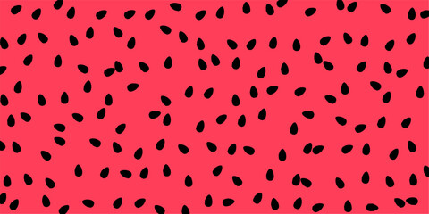 A vibrant pink background speckled with numerous small, black, seed-like shapes, creating a playful and textured pattern.