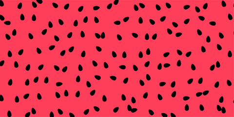 Close-up view of a vibrant red background with scattered black seeds, resembling watermelon flesh.