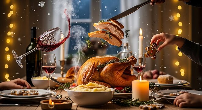 A festive christmas dinner table with turkey, wine, gingerbread, and floating food elements present - Powered by Adobe