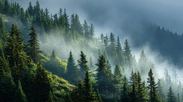 Mountain slope densely packed with evergreen trees. Low lying fog hangs amidst the canopy. Serene and misty - Powered by Adobe
