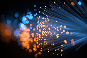 Dynamic Fiber Optic Light Burst - Blue and Orange Data Streams and Bokeh.