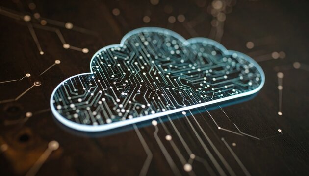 Cloud network concept. Futuristic glowing cloud with circuit board texture. Digital online information transfer, exchange, global connection