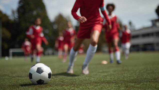Young soccer player running toward black and white ball on grass field during practice with teammates in red uniform training in blurred background, energetic and focused sports action