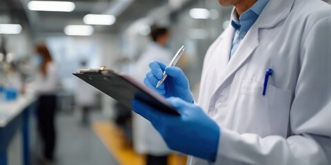 Scientist in lab coat with clipboard and pen wearing blue glove writing notes in laboratory environment focused on quality control and research activity