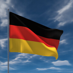 Obraz premium A digital rendering of the German flag waving in a bright blue sky with scattered white clouds.